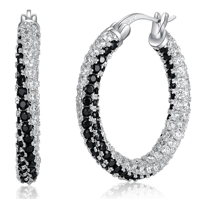 CiNily Silver Hoop Earrings for Women Hypoallergenic,14K White Gold Plated 925 Sterling Silver Post Earrings Lightweight Black and White Crystal Cubic Zirconia Chunky Open Hoops Jewelry 1.2" - Image 1