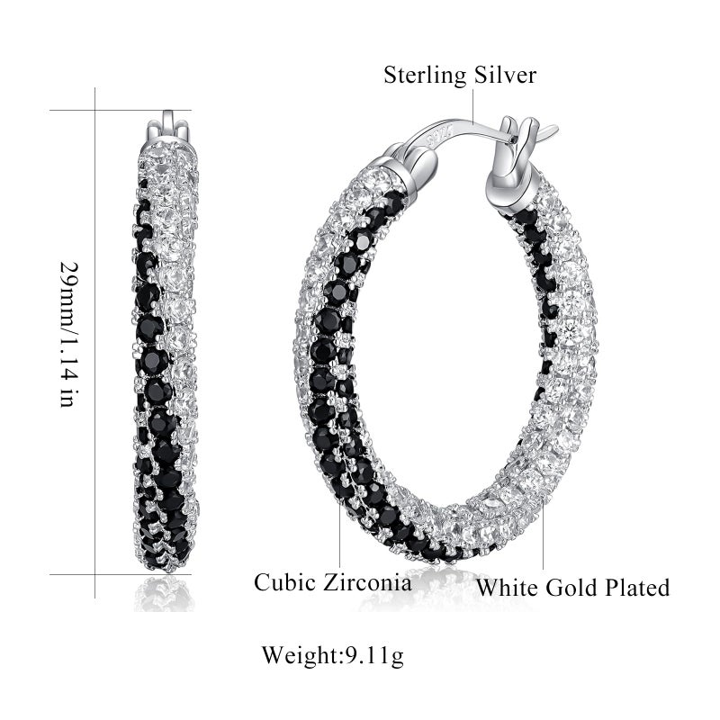CiNily Silver Hoop Earrings for Women Hypoallergenic,14K White Gold Plated 925 Sterling Silver Post Earrings Lightweight Black and White Crystal Cubic Zirconia Chunky Open Hoops Jewelry 1.2" - Image 3