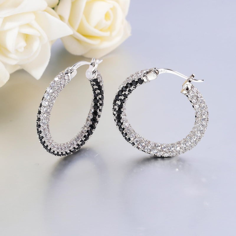CiNily Silver Hoop Earrings for Women Hypoallergenic,14K White Gold Plated 925 Sterling Silver Post Earrings Lightweight Black and White Crystal Cubic Zirconia Chunky Open Hoops Jewelry 1.2" - Image 5