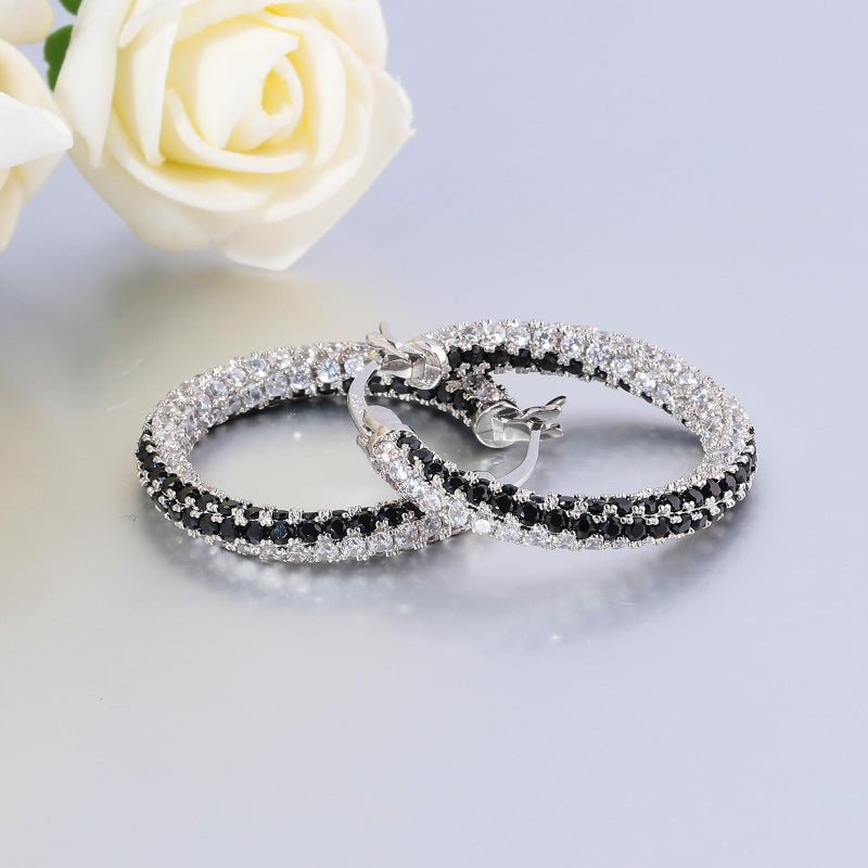CiNily Silver Hoop Earrings for Women Hypoallergenic,14K White Gold Plated 925 Sterling Silver Post Earrings Lightweight Black and White Crystal Cubic Zirconia Chunky Open Hoops Jewelry 1.2" - Image 4