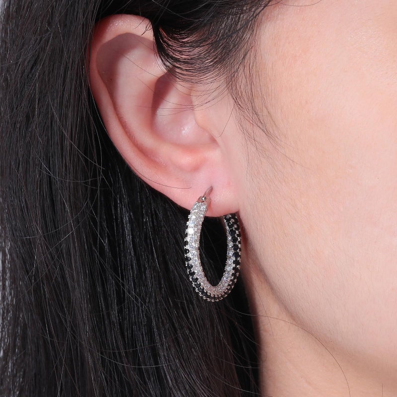 CiNily Silver Hoop Earrings for Women Hypoallergenic,14K White Gold Plated 925 Sterling Silver Post Earrings Lightweight Black and White Crystal Cubic Zirconia Chunky Open Hoops Jewelry 1.2" - Image 2
