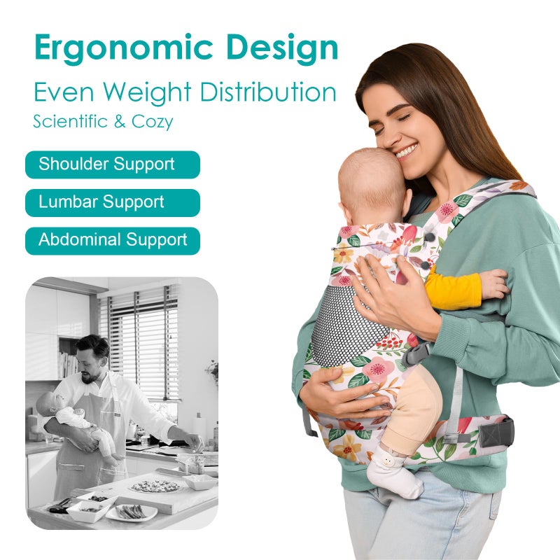 YooxArmor Baby Carrier, Ergonomic, Cozy, Breathable & Lightweight Infant Carriers for 7-66lbs with Lumbar Support, Easy to Wear Hands Free Embrace Toddlers Carrier for 3-36 Months, Floral - Image 2