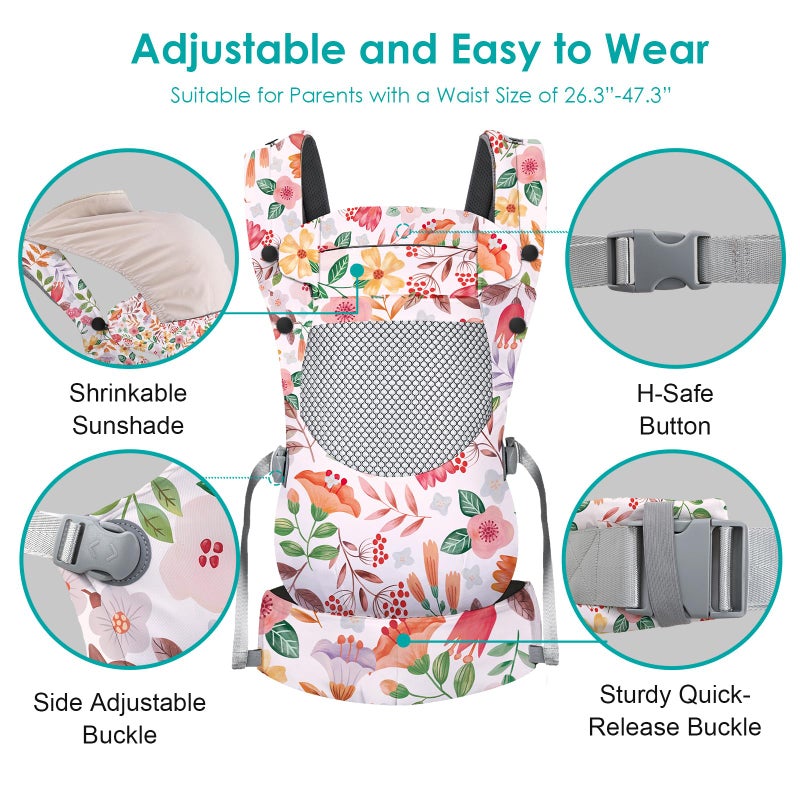 YooxArmor Baby Carrier, Ergonomic, Cozy, Breathable & Lightweight Infant Carriers for 7-66lbs with Lumbar Support, Easy to Wear Hands Free Embrace Toddlers Carrier for 3-36 Months, Floral - Image 4