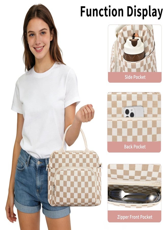 GASSDA Lunch Bag for Women Adult Lager Insulated Lunch Box Cute Cooler Lunch Tote Bags for Work Picnic (Beige-Brown Plaid) - Image 4