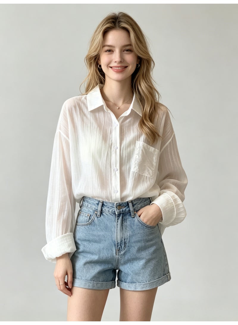 زارا ZARA Women’s White Textured Sheer Loose Long Sleeve Button-Up Shirt with Chest Pocket - Image 2