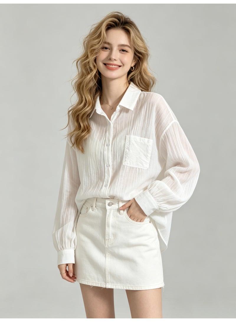 زارا ZARA Women’s White Textured Sheer Loose Long Sleeve Button-Up Shirt with Chest Pocket - Image 1