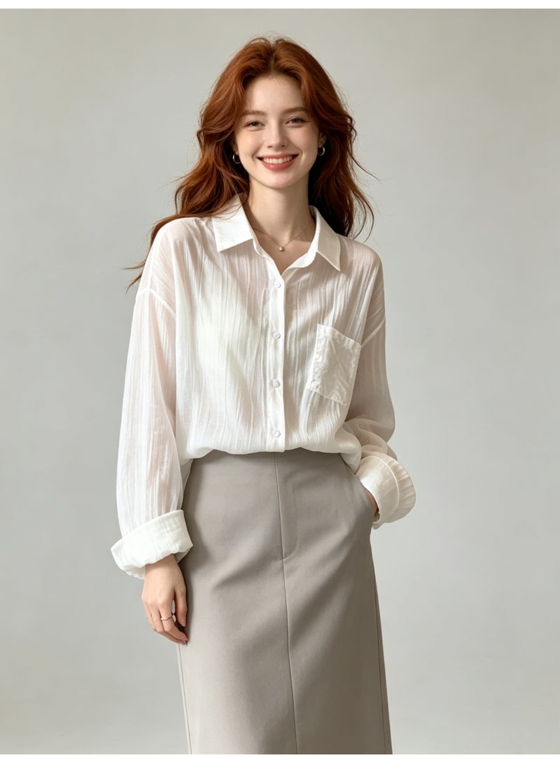 زارا ZARA Women’s White Textured Sheer Loose Long Sleeve Button-Up Shirt with Chest Pocket - Image 4