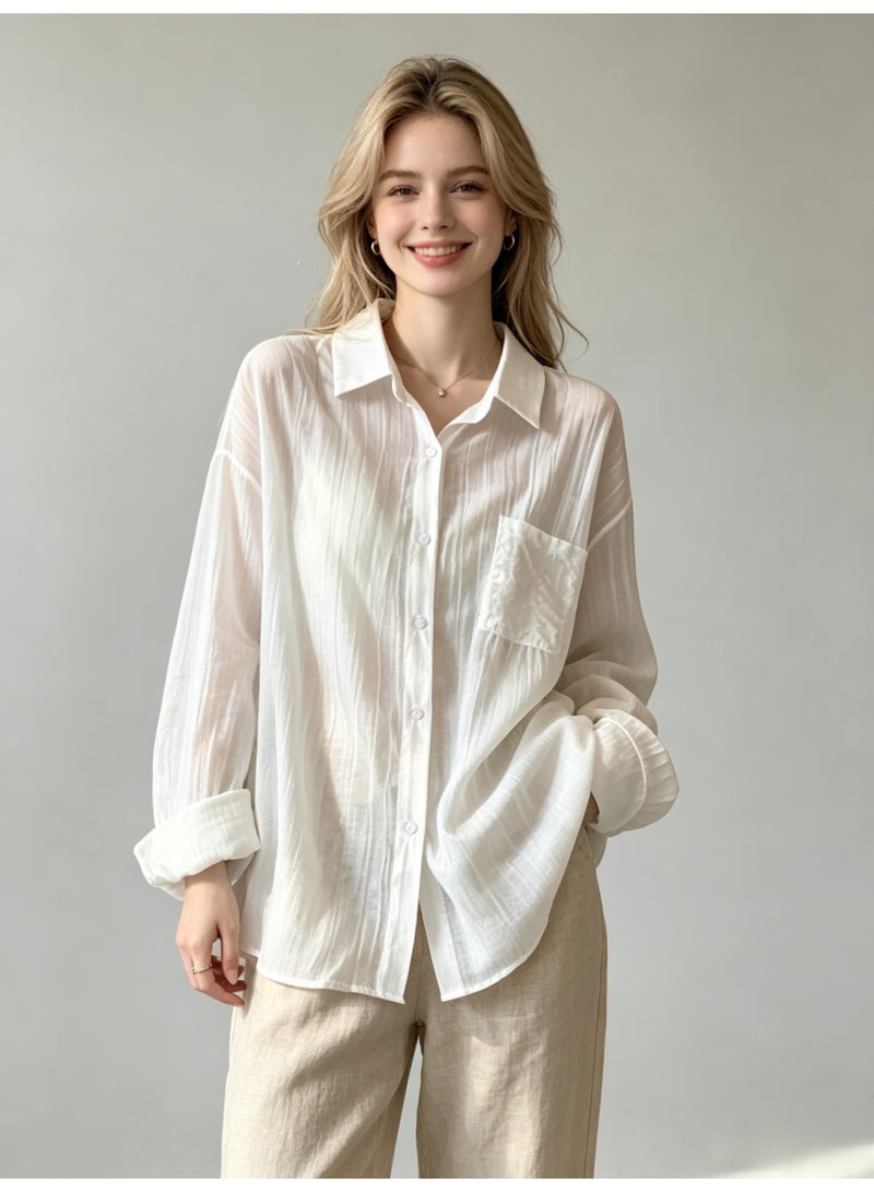 زارا ZARA Women’s White Textured Sheer Loose Long Sleeve Button-Up Shirt with Chest Pocket - Image 5