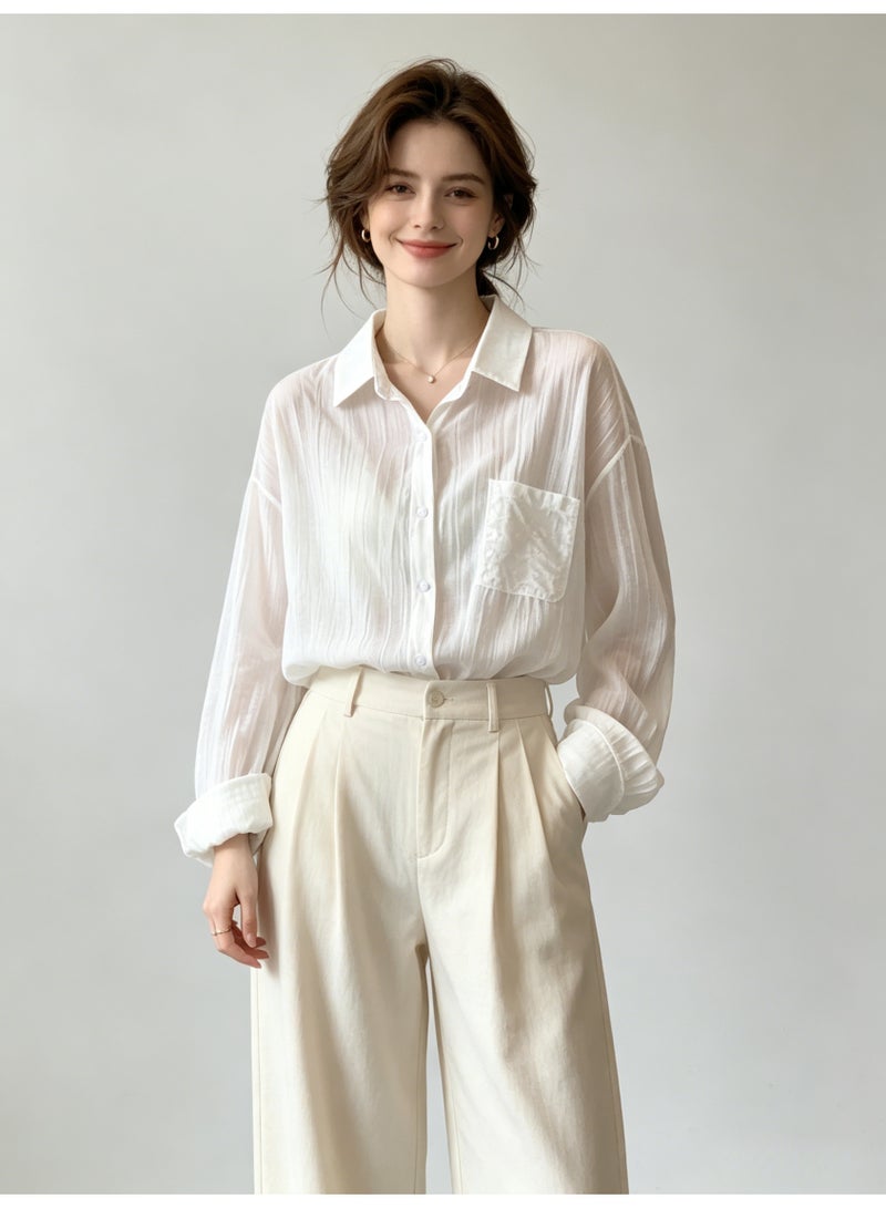 زارا ZARA Women’s White Textured Sheer Loose Long Sleeve Button-Up Shirt with Chest Pocket - Image 3