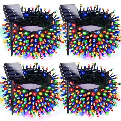 EXF 4pk Multi-Colored Solar Christmas Lights Outdoor Waterproof, 400 LED 132 FT Solar Powered LED String Lights Green Wire with 8 Modes, Solar Fairy Lights for Xmas Tree Party Wedding Garden Decorations - Image 1