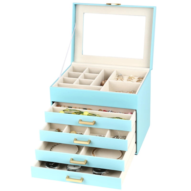 Kendal Jewelry Box, 5-Layer Jewelry Organizer Box with Glass Lid, Blue, Heart Shaped PU Leather, Storage Box for Necklace Earrings Rings Bracelets, Gift Idea for Girls LJC4DRBL - Image 2