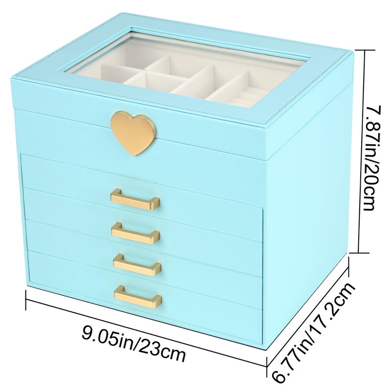 Kendal Jewelry Box, 5-Layer Jewelry Organizer Box with Glass Lid, Blue, Heart Shaped PU Leather, Storage Box for Necklace Earrings Rings Bracelets, Gift Idea for Girls LJC4DRBL - Image 3