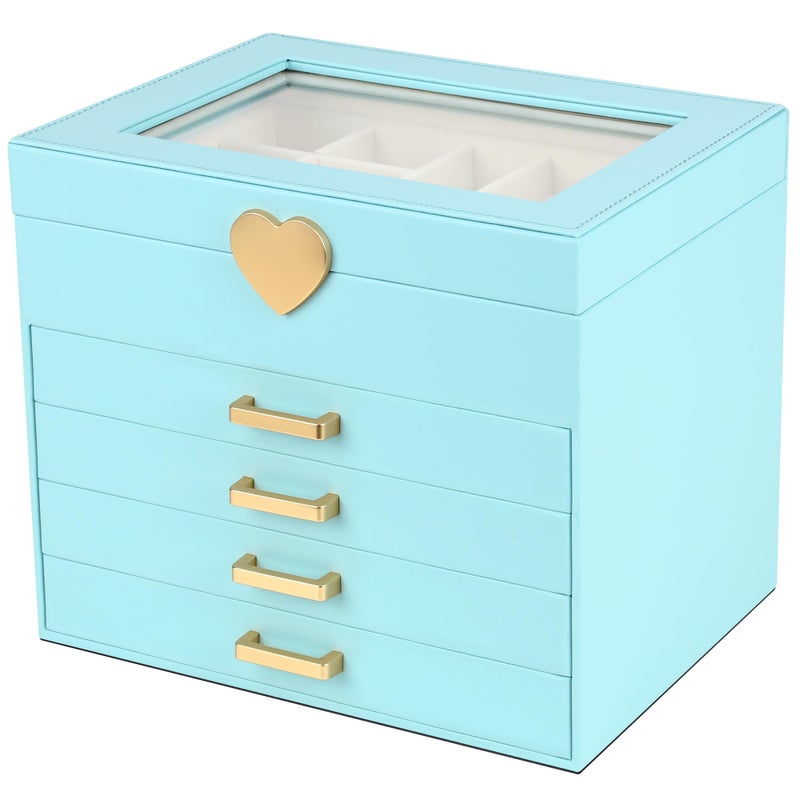 Kendal Jewelry Box, 5-Layer Jewelry Organizer Box with Glass Lid, Blue, Heart Shaped PU Leather, Storage Box for Necklace Earrings Rings Bracelets, Gift Idea for Girls LJC4DRBL - Image 1