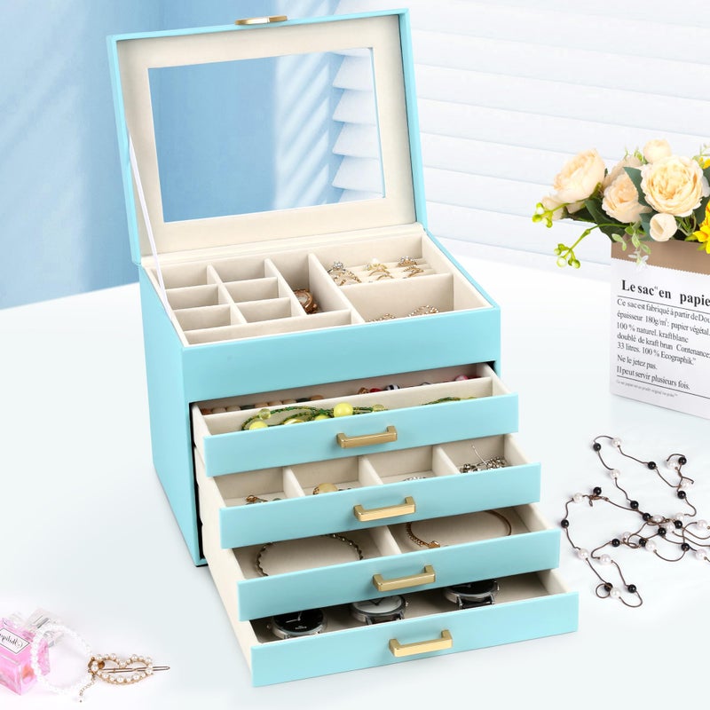 Kendal Jewelry Box, 5-Layer Jewelry Organizer Box with Glass Lid, Blue, Heart Shaped PU Leather, Storage Box for Necklace Earrings Rings Bracelets, Gift Idea for Girls LJC4DRBL - Image 5