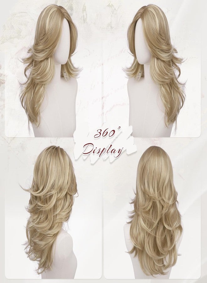 فيشبن شعر مستعار مموج ذو طبقات بلون أشقر داكن من فيشفين مع غرة جانبية للنساء، طوله 22 بوصة، شعر صناعي طبيعي المظهر مع فرق في المنتصف، مناسب للحفلات التنكرية والاستخدام اليومي - Image 2