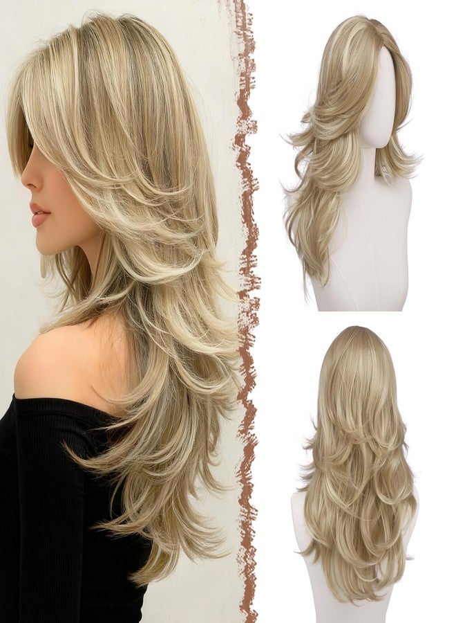 فيشبن شعر مستعار مموج ذو طبقات بلون أشقر داكن من فيشفين مع غرة جانبية للنساء، طوله 22 بوصة، شعر صناعي طبيعي المظهر مع فرق في المنتصف، مناسب للحفلات التنكرية والاستخدام اليومي - Image 1