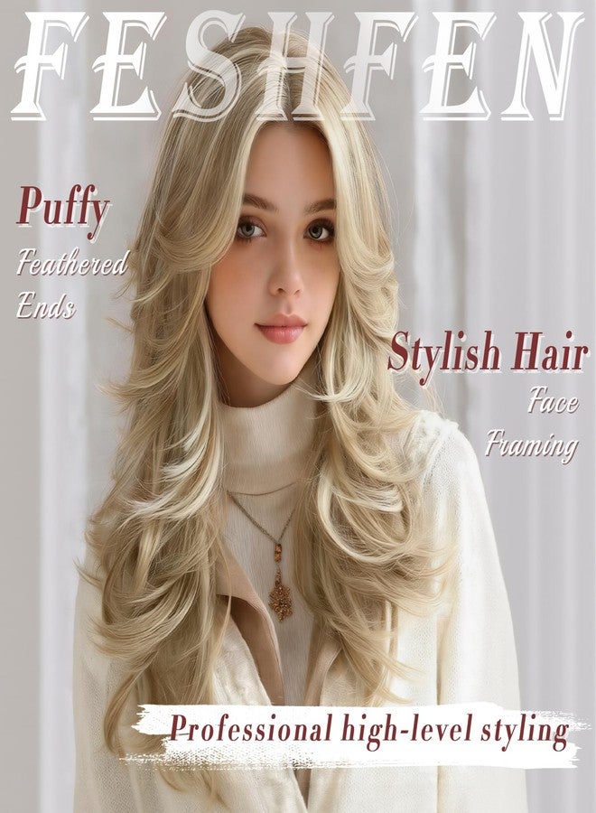 فيشبن شعر مستعار مموج ذو طبقات بلون أشقر داكن من فيشفين مع غرة جانبية للنساء، طوله 22 بوصة، شعر صناعي طبيعي المظهر مع فرق في المنتصف، مناسب للحفلات التنكرية والاستخدام اليومي - Image 5