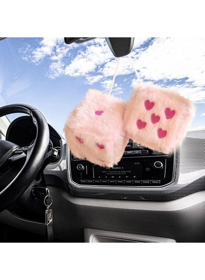 ORNALES Pair 3” Colorful Heart Embroidered Fuzzy Plush Dice, Soft Plush Car Decoration Hanging Ornaments, Couple Car Decorative Vintage Accessories for Car Rearview Mirror Decorations(Pink Rose red dots) - Image 4