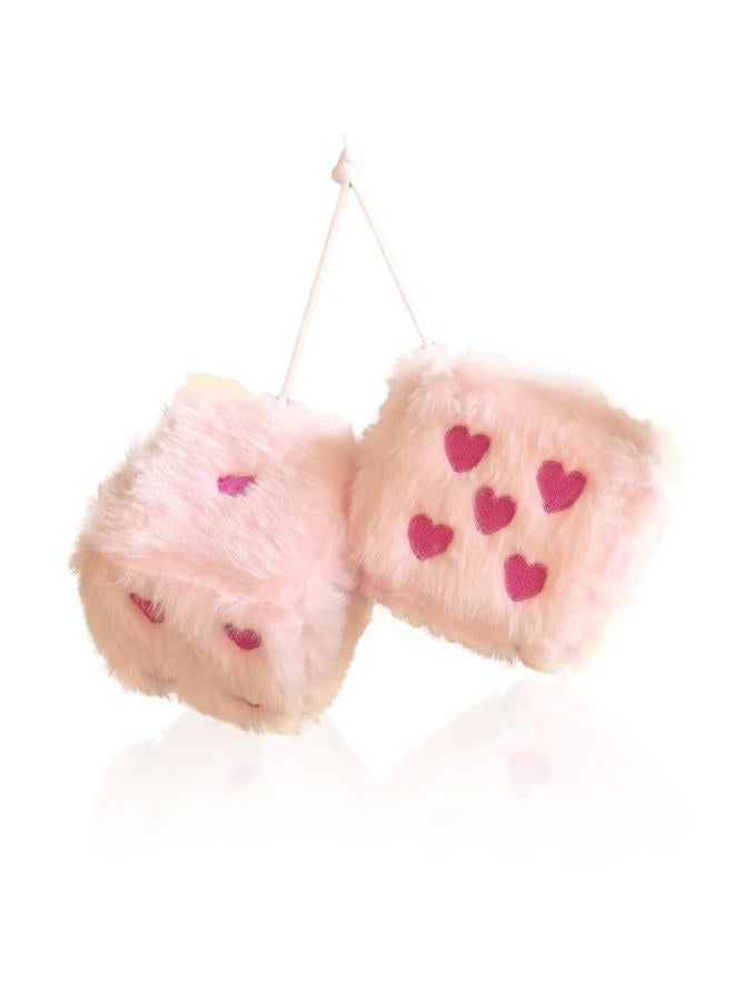 ORNALES Pair 3” Colorful Heart Embroidered Fuzzy Plush Dice, Soft Plush Car Decoration Hanging Ornaments, Couple Car Decorative Vintage Accessories for Car Rearview Mirror Decorations(Pink Rose red dots) - Image 1