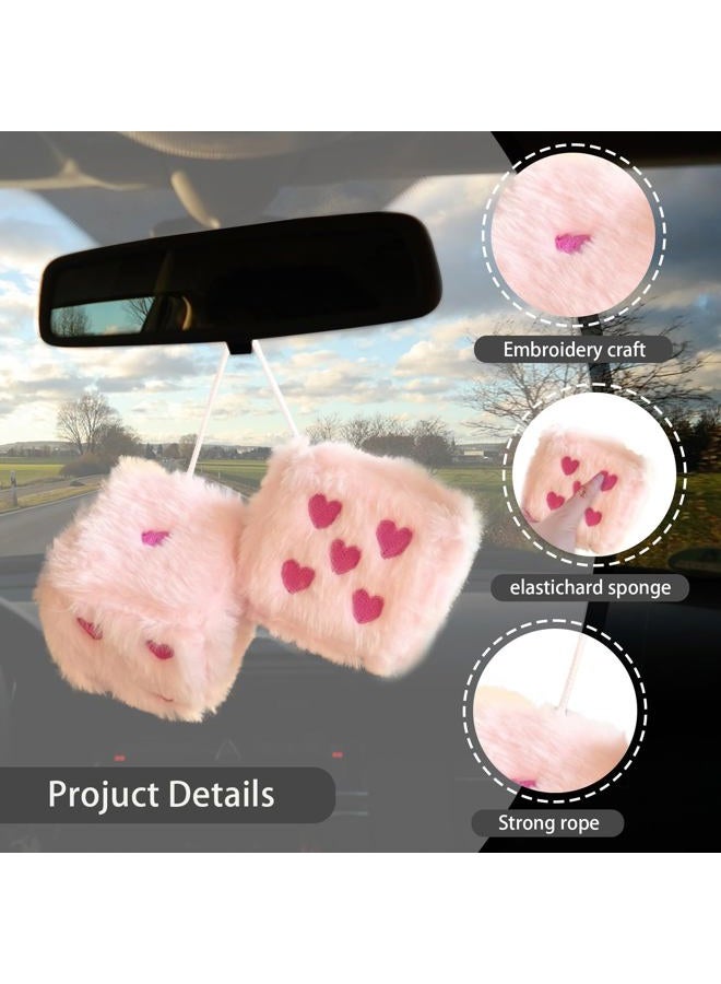 ORNALES Pair 3” Colorful Heart Embroidered Fuzzy Plush Dice, Soft Plush Car Decoration Hanging Ornaments, Couple Car Decorative Vintage Accessories for Car Rearview Mirror Decorations(Pink Rose red dots) - Image 2