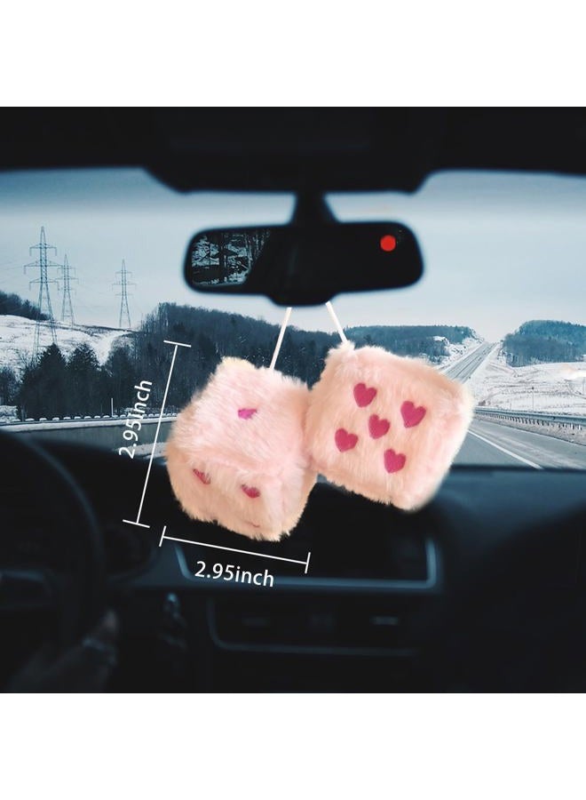 ORNALES Pair 3” Colorful Heart Embroidered Fuzzy Plush Dice, Soft Plush Car Decoration Hanging Ornaments, Couple Car Decorative Vintage Accessories for Car Rearview Mirror Decorations(Pink Rose red dots) - Image 3