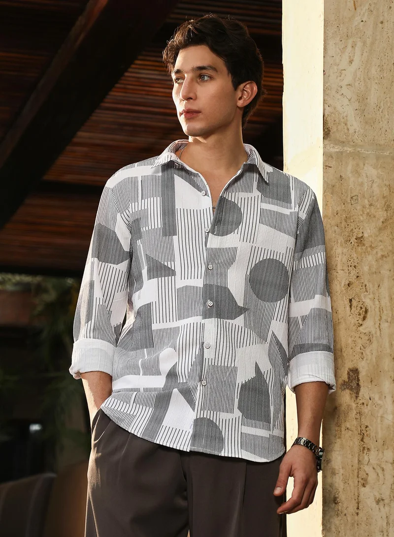 كامبوس سوترا Campus Sutra Men's Charcoal Grey Abstract-Geometric Imprint Shirt | Spread Collar , Long  Cuffed Sleeves , Button Closure | Geometric Print Plain | Polyester Shirt For Casual Wear