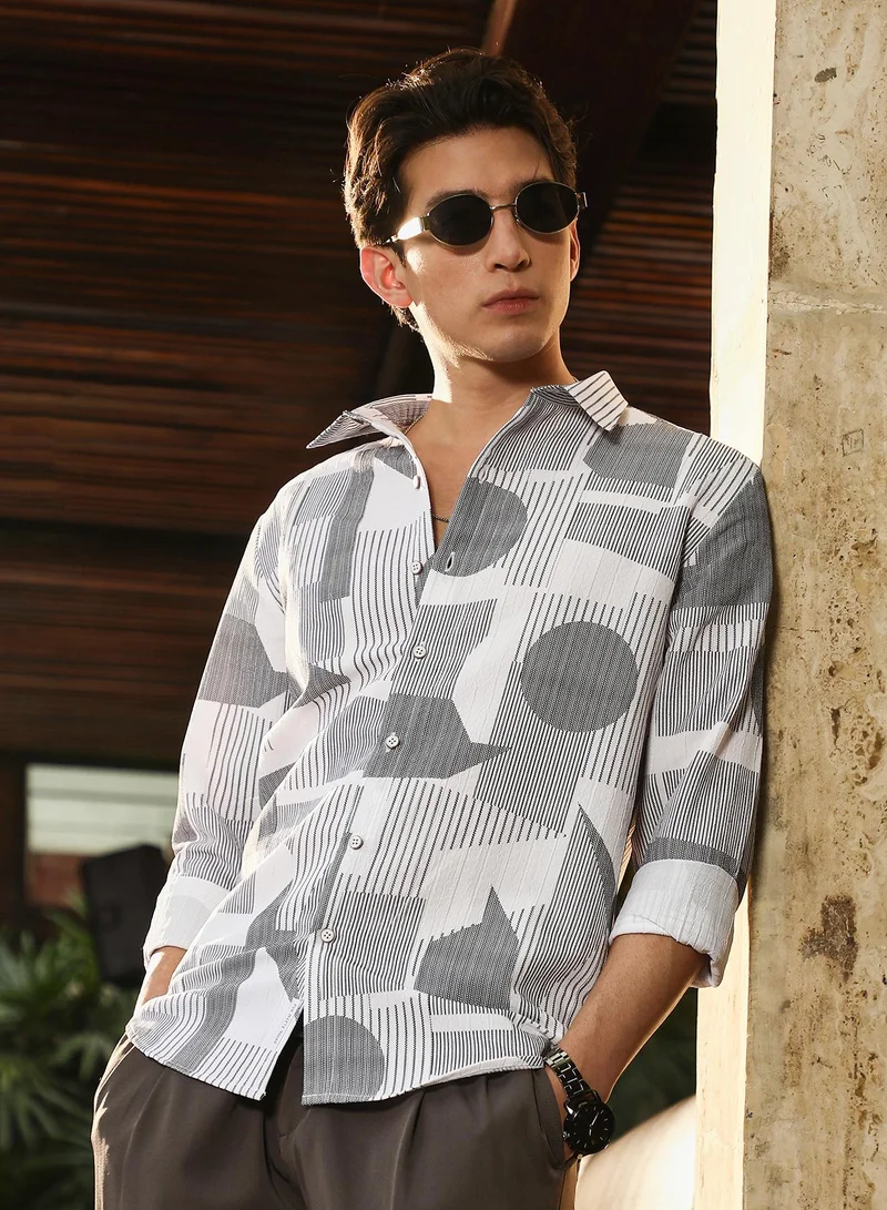 كامبوس سوترا Campus Sutra Men's Charcoal Grey Abstract-Geometric Imprint Shirt | Spread Collar , Long  Cuffed Sleeves , Button Closure | Geometric Print Plain | Polyester Shirt For Casual Wear
