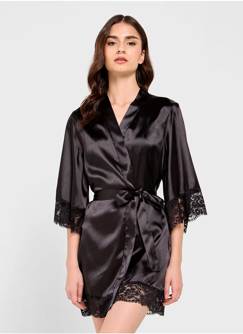 Ginger Satin Robe With Lace Details