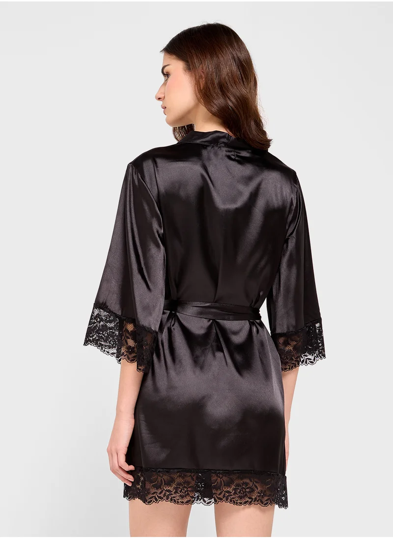 جينجر Satin Robe With Lace Details