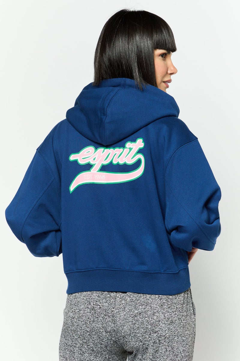 ESPRIT Women Hooded Embroidered Logo Long Sleeves Sweatshirt, Dark Blue - Image 4