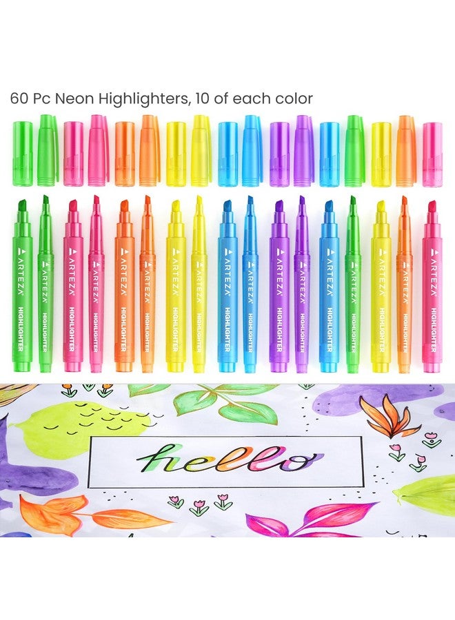 ARTEZA Highlighters Assorted Colors, Bulk Set of 60, Neon, Wide and Narrow Chisel Tip Markers, Office and School Supplies for Teachers, Students - Image 2