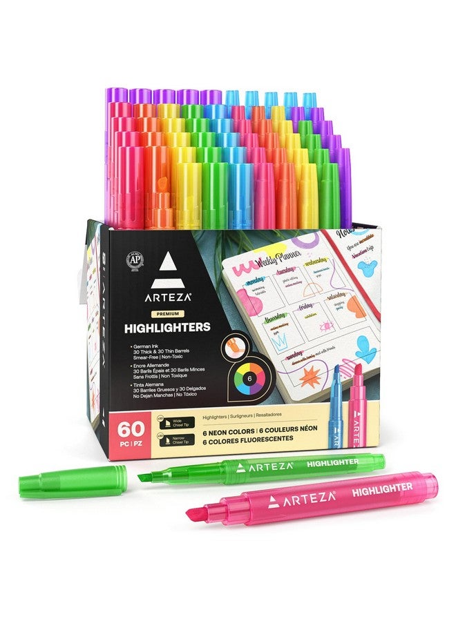 ARTEZA Highlighters Assorted Colors, Bulk Set of 60, Neon, Wide and Narrow Chisel Tip Markers, Office and School Supplies for Teachers, Students - Image 1