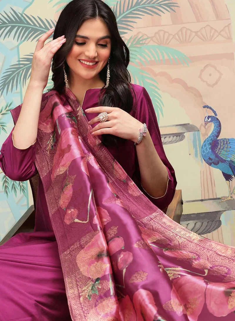 ISHIN Women's Wine Polyester Blend Embellished Tunic Full Length Casual Straight Fit Kurta Set