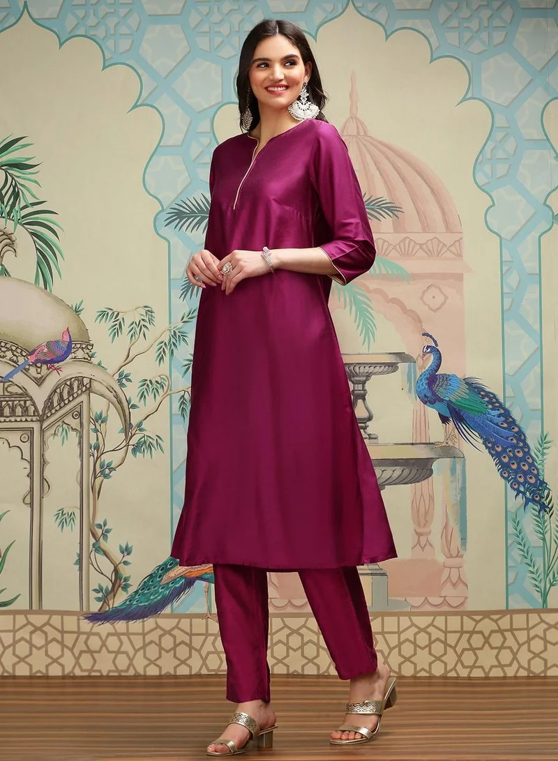 ISHIN Women's Wine Polyester Blend Embellished Tunic Full Length Casual Straight Fit Kurta Set