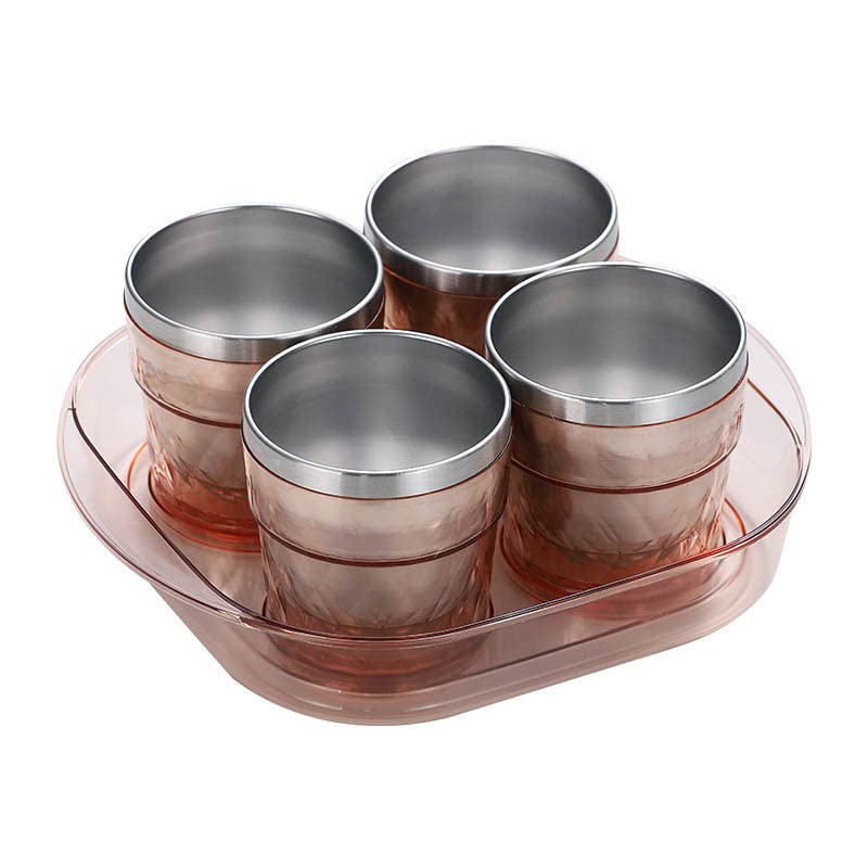 Primetan Stainless Steel Cup Set with Tray Double Walled Tea Cup Coffee Mug with Tray Set GlassCup for Tea Hot Cold Drinks Cups Set with Serving Tray for Tea Best Gift 260 ML Random Color - Image 1