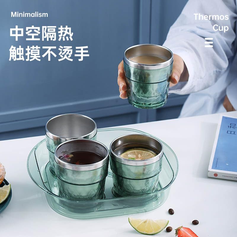 Primetan Stainless Steel Cup Set with Tray Double Walled Tea Cup Coffee Mug with Tray Set GlassCup for Tea Hot Cold Drinks Cups Set with Serving Tray for Tea Best Gift 260 ML Random Color - Image 3
