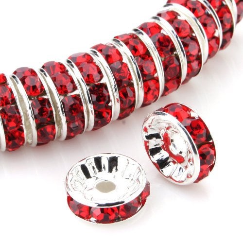 RUBYCA 100pcs 8mm Round Rondelle Spacer Beads Silver Tone Light Siam Red Czech Crystal for Bracelet Necklace Jewelry Making - Image 1