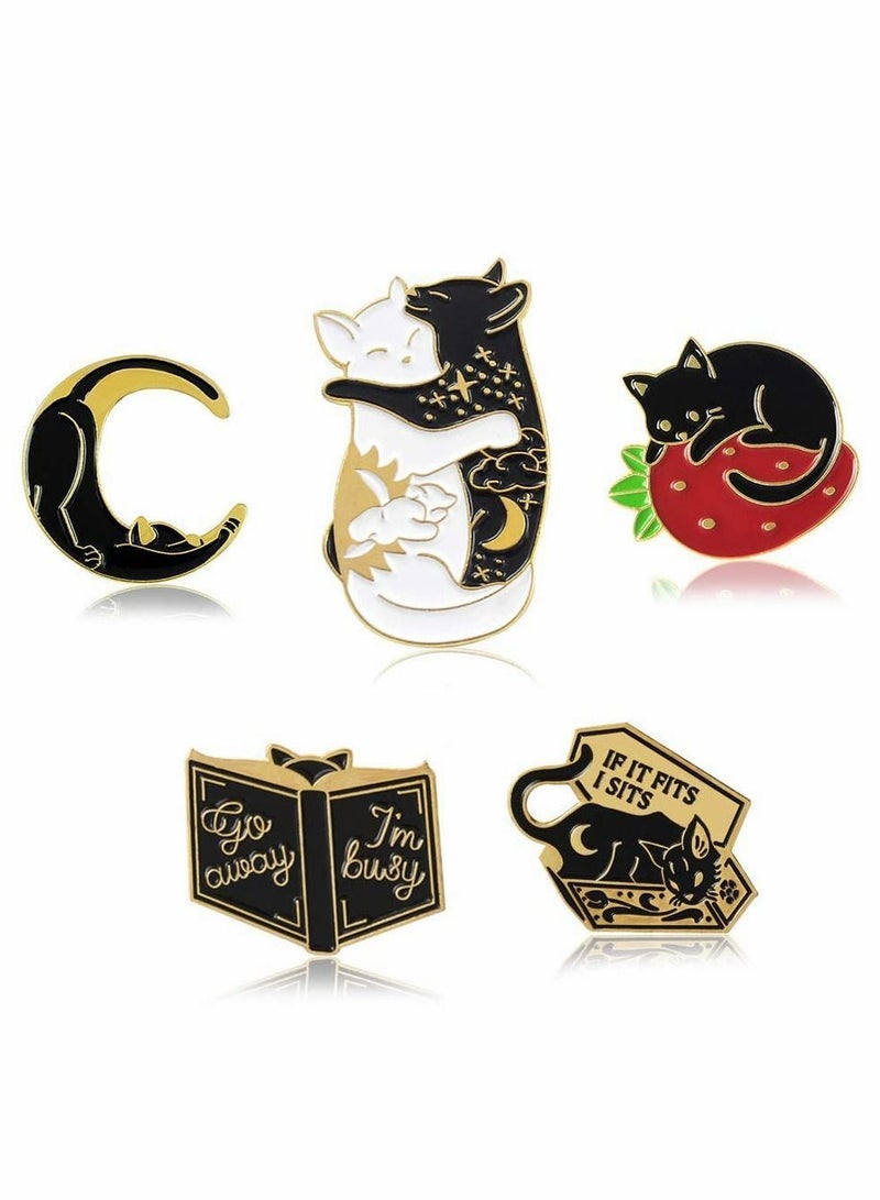 Y&D Cute Enamel Cat and Book Pins Set, Brooch Cartoon Lapel Badges for Clothing Bags Sweater Shirt Jacket Backpack Accessory DIY Crafts (Black, 5pcs)  - Image 1