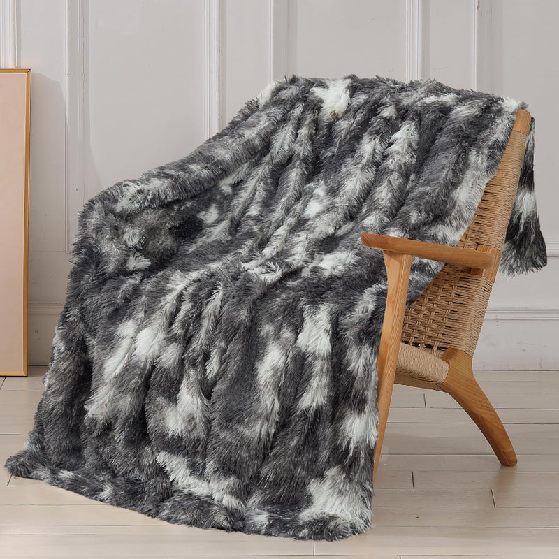 Tuddrom Decorative Extra Soft Fuzzy Faux Fur Throw Blanket 50 x 60Solid Reversible Long Hair Shaggy BlanketFluffy Cozy Plush Comfy Microfiber Fleece Blanket for Couch Sofa BedroomTie Dye Grey