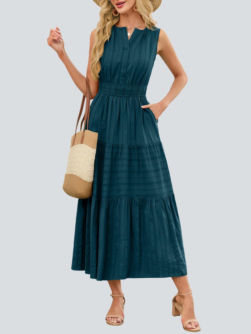 Funlingo Women's V Neck Maxi Dress Summer 2026 Sleeveless A Line Flowy Tiered Party Dresses Lightweight Smocked Midi Dress for Work Beach Cruise Wedding Lake Blue S - Image 2