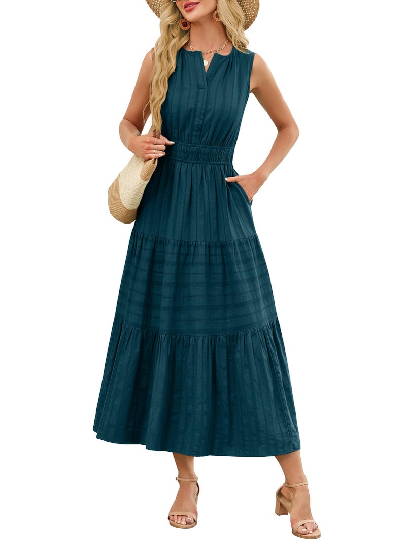 Funlingo Women's V Neck Maxi Dress Summer 2026 Sleeveless A Line Flowy Tiered Party Dresses Lightweight Smocked Midi Dress for Work Beach Cruise Wedding Lake Blue S - Image 1