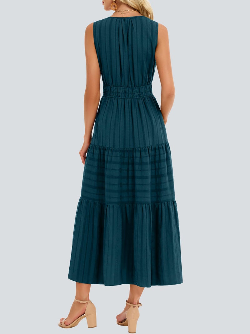 Funlingo Women's V Neck Maxi Dress Summer 2026 Sleeveless A Line Flowy Tiered Party Dresses Lightweight Smocked Midi Dress for Work Beach Cruise Wedding Lake Blue S - Image 4