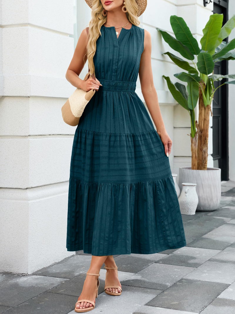 Funlingo Women's V Neck Maxi Dress Summer 2026 Sleeveless A Line Flowy Tiered Party Dresses Lightweight Smocked Midi Dress for Work Beach Cruise Wedding Lake Blue S - Image 3