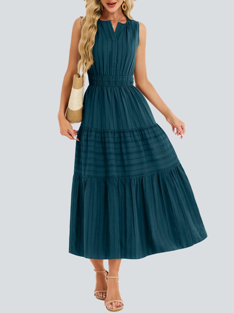Funlingo Women's V Neck Maxi Dress Summer 2026 Sleeveless A Line Flowy Tiered Party Dresses Lightweight Smocked Midi Dress for Work Beach Cruise Wedding Lake Blue S - Image 5