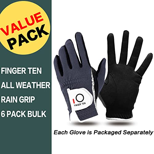 FINGER TEN Golf Gloves Men Right Left Handed Golfer Mens Glove RainGrip Hot Wet Weather Value 6 Pack, All Weather in Grey Medium (Grey, Medium, Right) - Image 2
