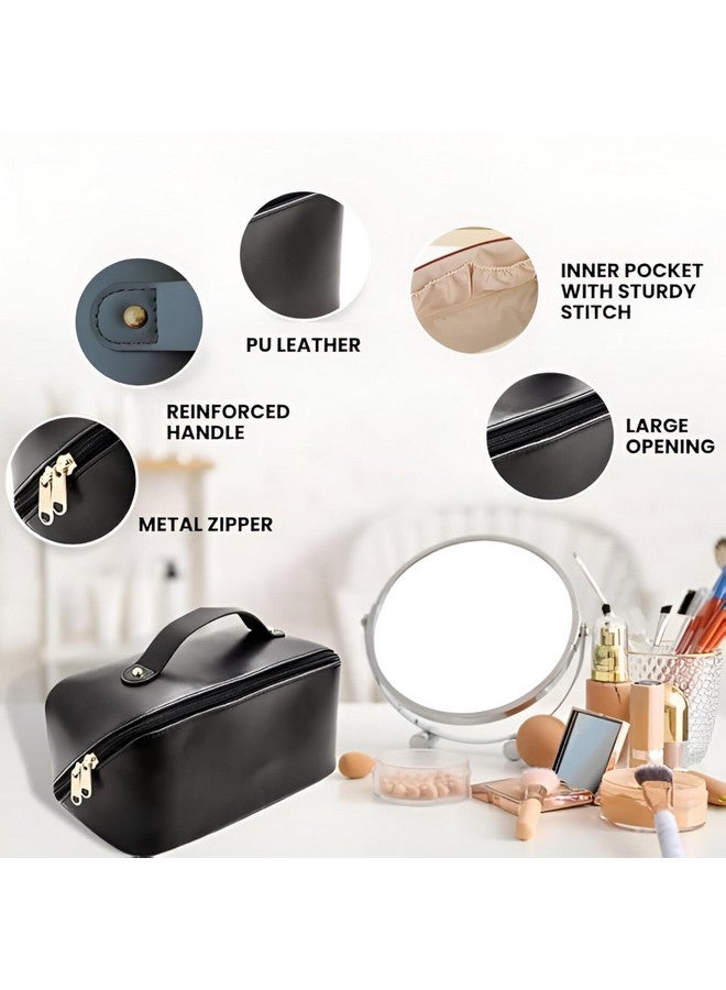 Sakuya Large Capacity Cosmetic Travel Bag - Women's Portable Leather Makeup Storage Organizer with Handle, Divider, and Wide Opening - Ideal for Cosmetics and Travel (Black) - Image 3