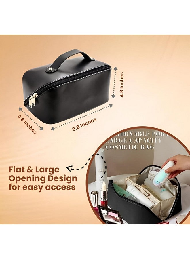 Sakuya Large Capacity Cosmetic Travel Bag - Women's Portable Leather Makeup Storage Organizer with Handle, Divider, and Wide Opening - Ideal for Cosmetics and Travel (Black) - Image 4