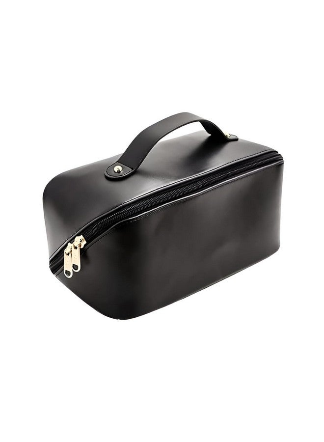 Sakuya Large Capacity Cosmetic Travel Bag - Women's Portable Leather Makeup Storage Organizer with Handle, Divider, and Wide Opening - Ideal for Cosmetics and Travel (Black) - Image 1