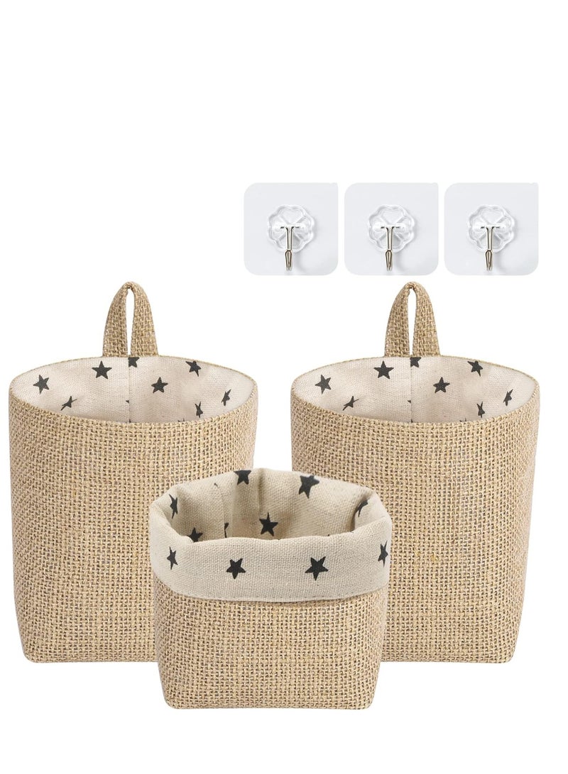 Barakah Small Hanging Storage Bags with Hooks 3 Packs Small Wall Basket Cotton Linen Hanging Basket Organizer for Wall Over The Door Organizer Small Hanging Pouch for Bedroom Office - Image 1