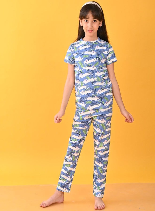 ANTHRILO Summer Pyjama Set for Girls | Pure Cotton| Casual Wear |Blue Rabbit Short Sleeve Pyjama Set - Blue 0-6 Months - Image 2